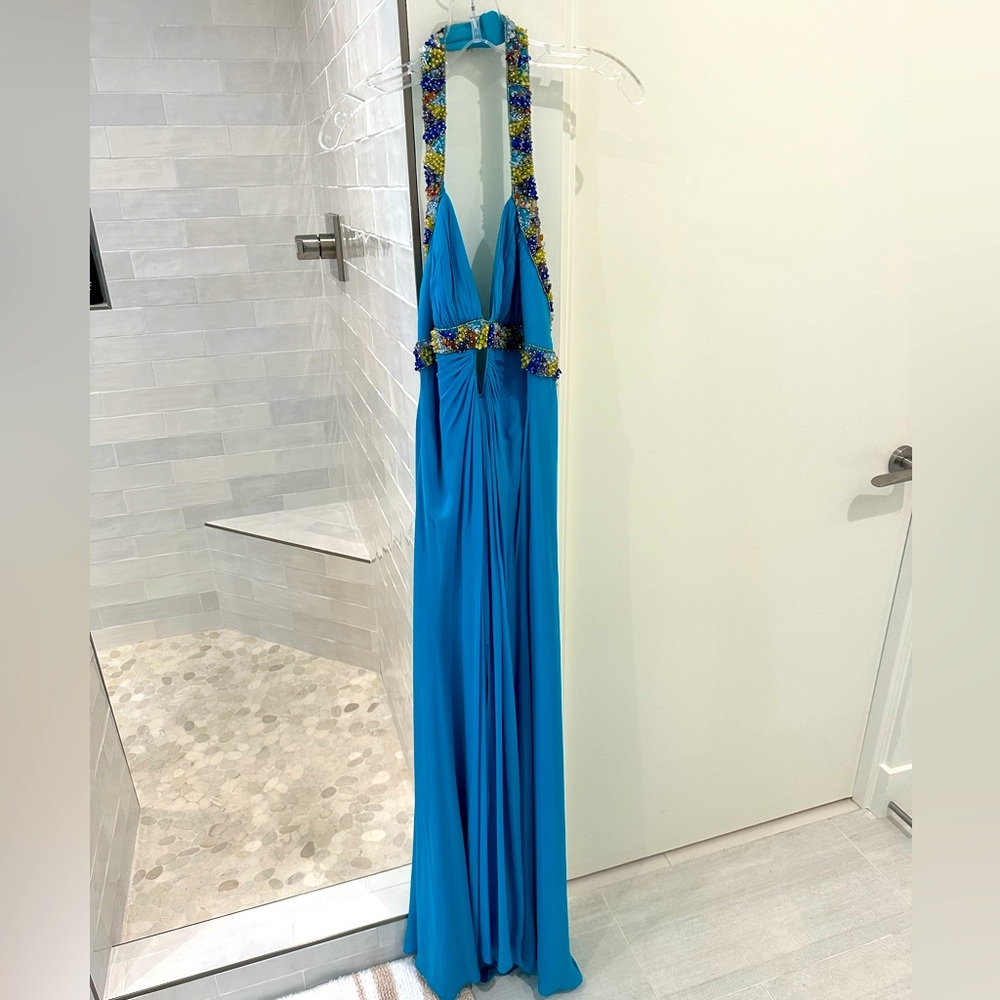 Stunning Tadashi Shoji Turquoise Dress with Multi Gemstone Beaded Detail